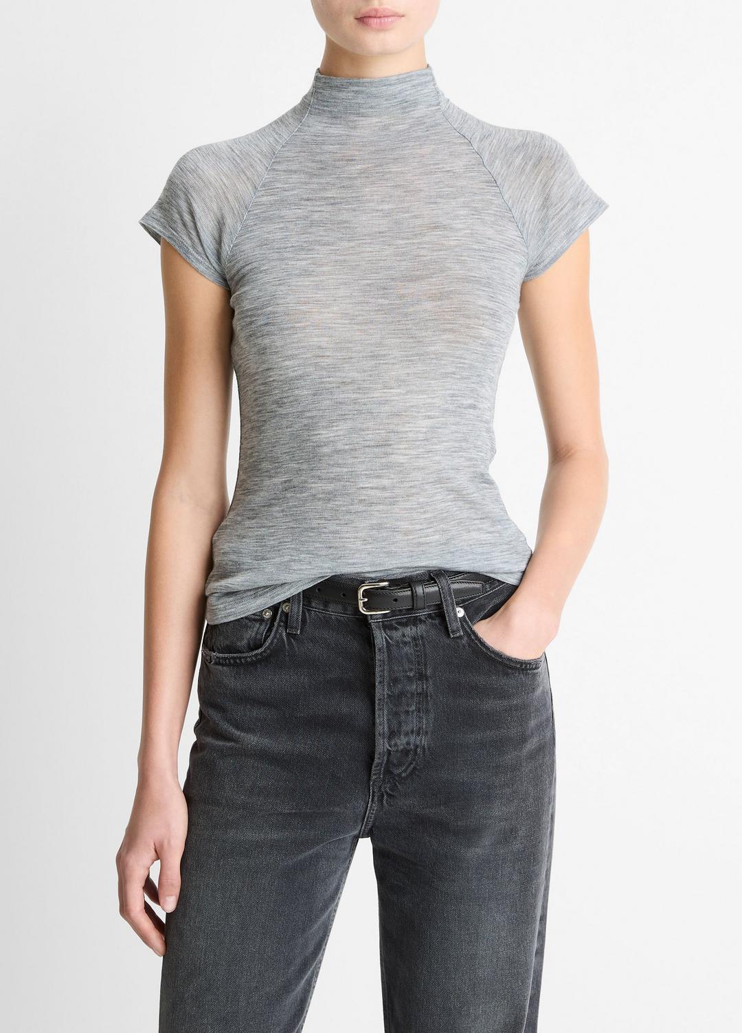 VINCE | Wool Raglan Cap-Sleeve Mock-Neck Top in Short Sleeve - HEATHER THISTLE