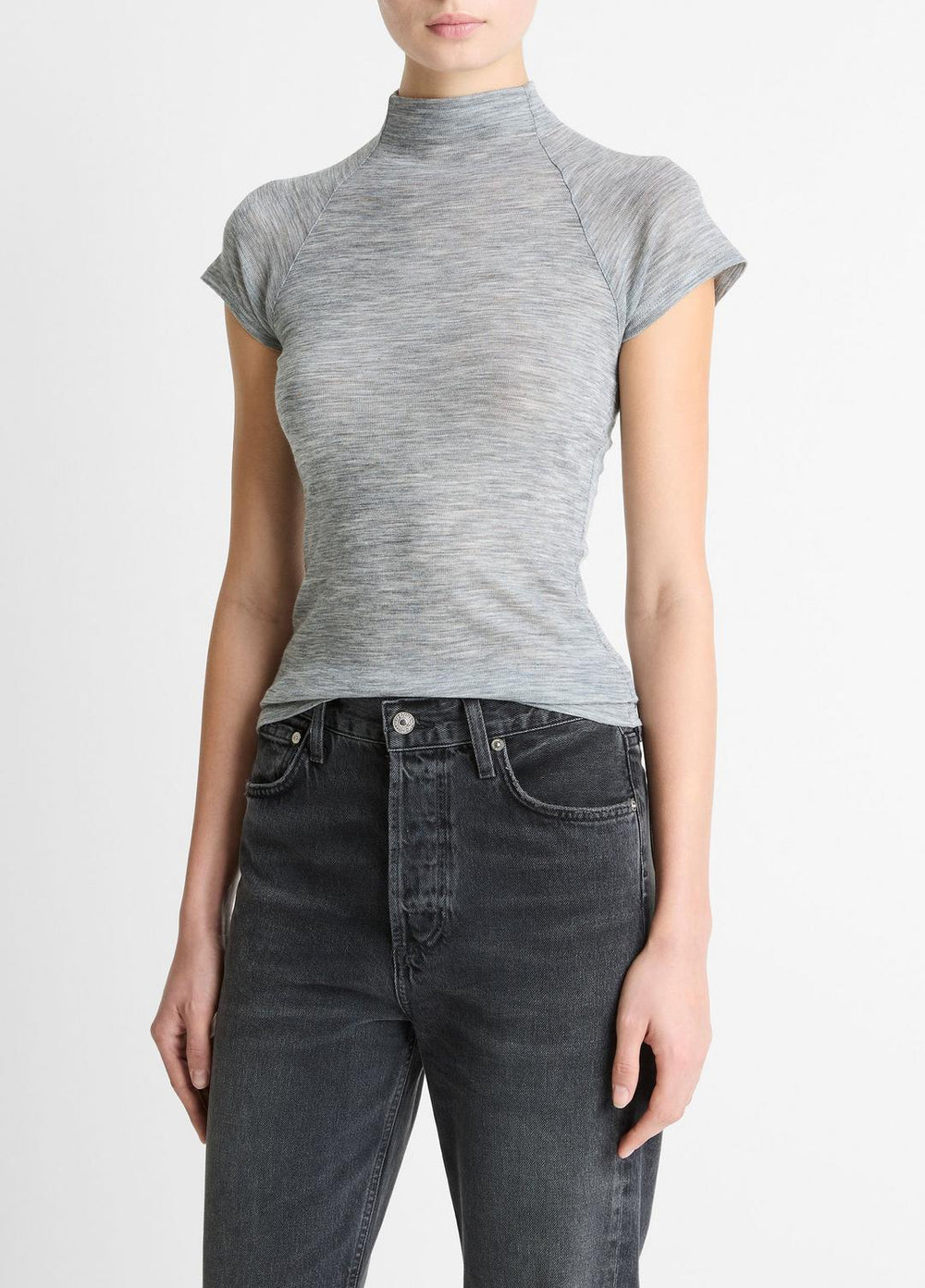 VINCE | Wool Raglan Cap-Sleeve Mock-Neck Top in Short Sleeve - HEATHER THISTLE