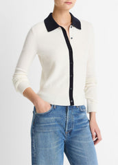 VINCE | Contrast-Trim Wool & Cashmere-Blend Collared Cardigan in Cardigans - OFF WHITE/COASTAL BLUE