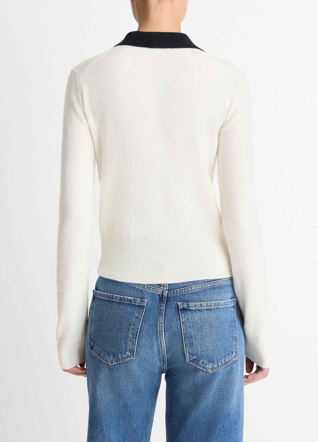 VINCE | Contrast-Trim Wool & Cashmere-Blend Collared Cardigan in Cardigans - OFF WHITE/COASTAL BLUE