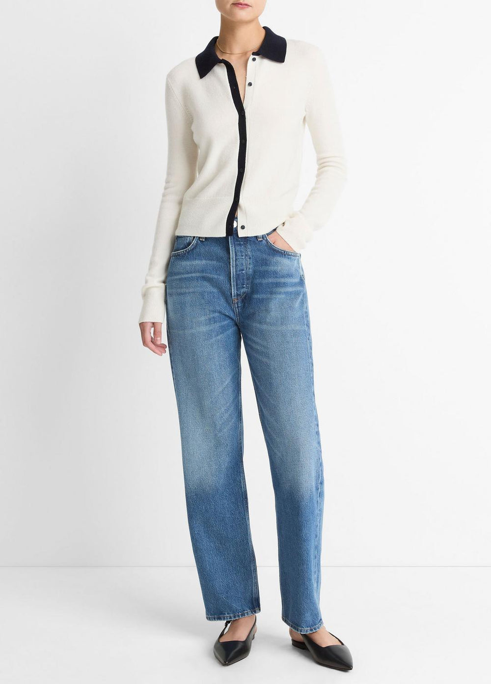 VINCE | Contrast-Trim Wool & Cashmere-Blend Collared Cardigan in Cardigans - OFF WHITE/COASTAL BLUE