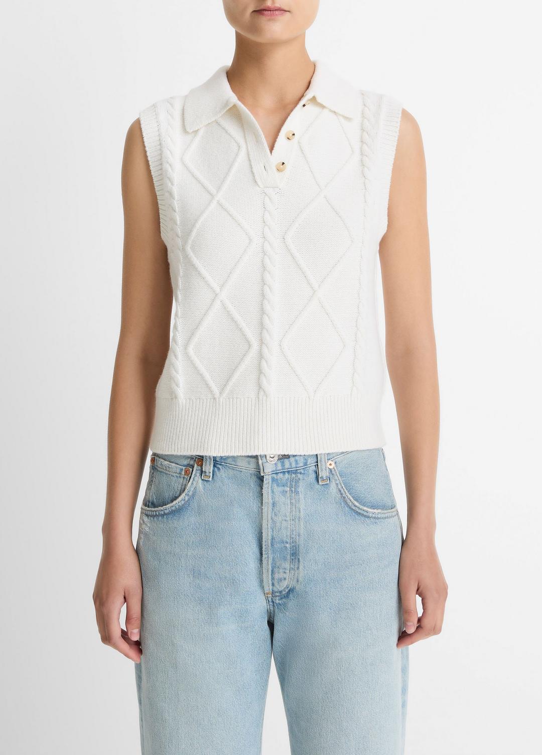 VINCE | Cable-Knit Wool & Cotton-Blend Sweater Vest in V-Neck - OFF WHITE