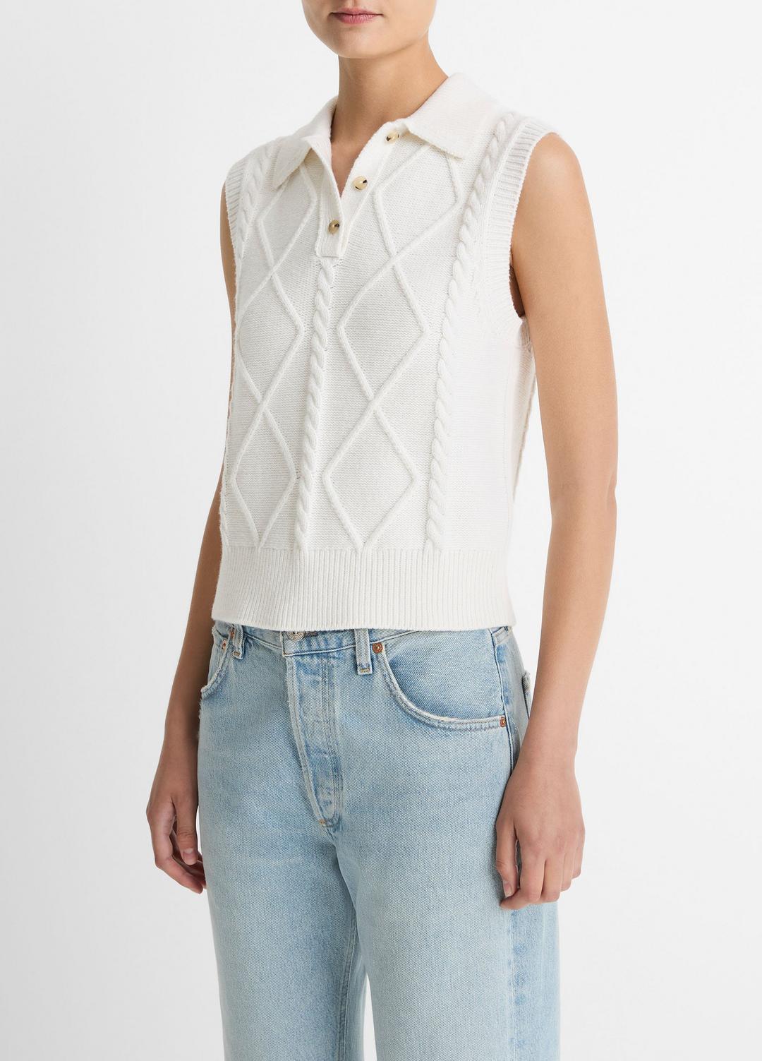 VINCE | Cable-Knit Wool & Cotton-Blend Sweater Vest in V-Neck - OFF WHITE