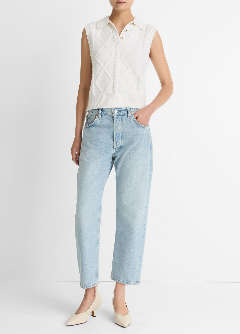 VINCE | Cable-Knit Wool & Cotton-Blend Sweater Vest in V-Neck - OFF WHITE