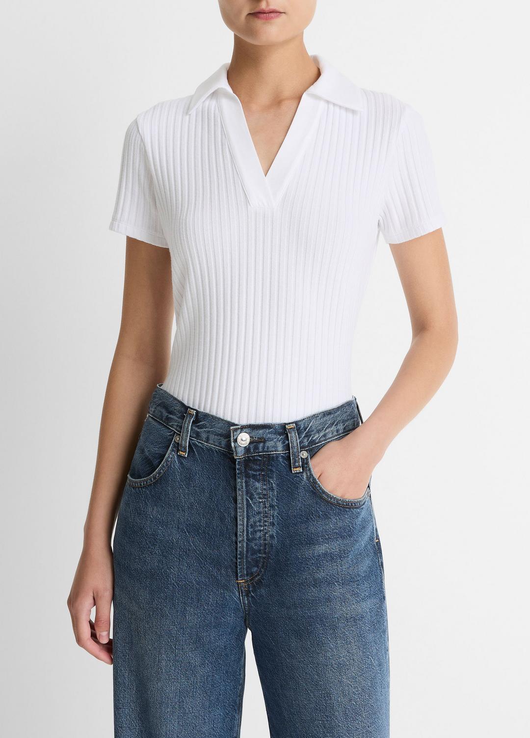 VINCE | Ribbed Cotton-Blend Polo Shirt in Short Sleeve - OPTIC WHITE