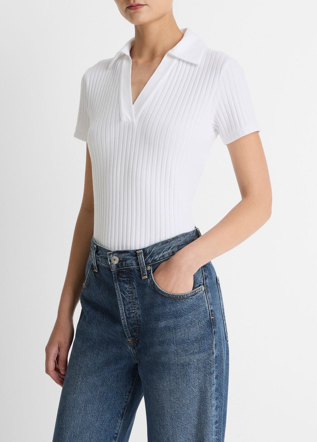 VINCE | Ribbed Cotton-Blend Polo Shirt in Short Sleeve - OPTIC WHITE