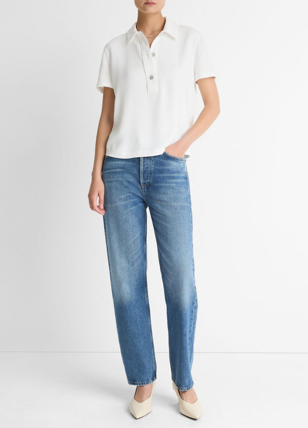 VINCE | Crepe Polo Shirt in Short Sleeve - OFF WHITE