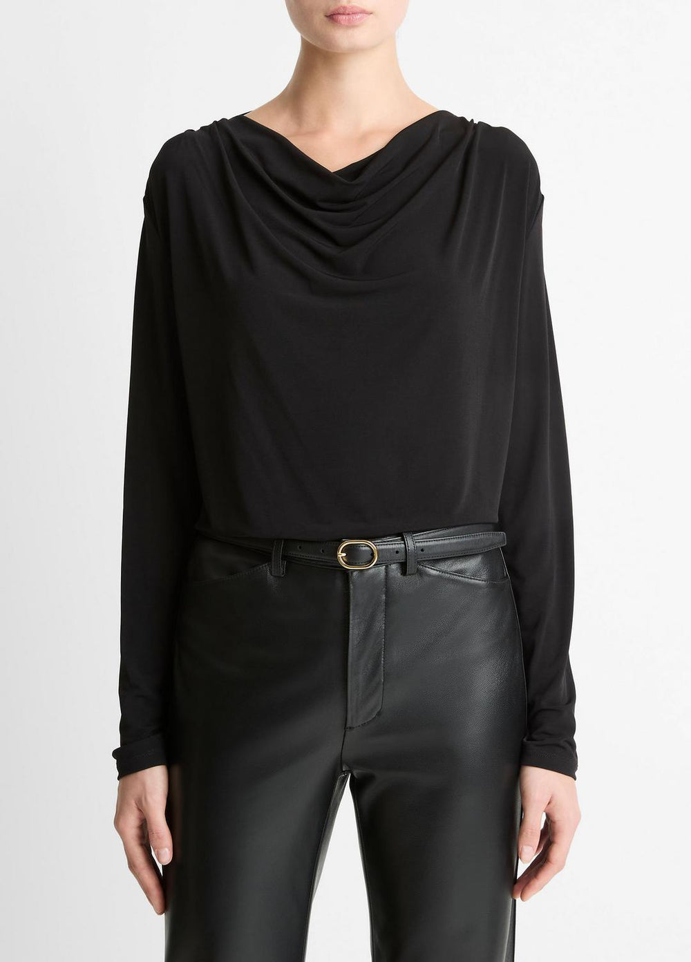 VINCE | Matte Jersey Cowl-Neck Top in Long Sleeve - BLACK