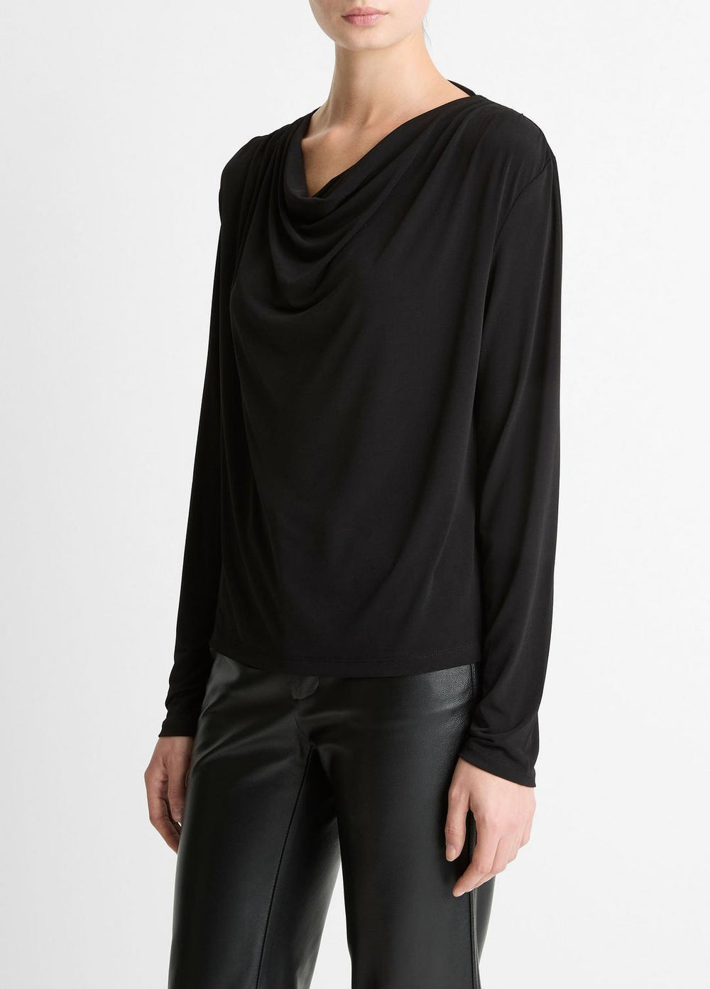 VINCE | Matte Jersey Cowl-Neck Top in Long Sleeve - BLACK