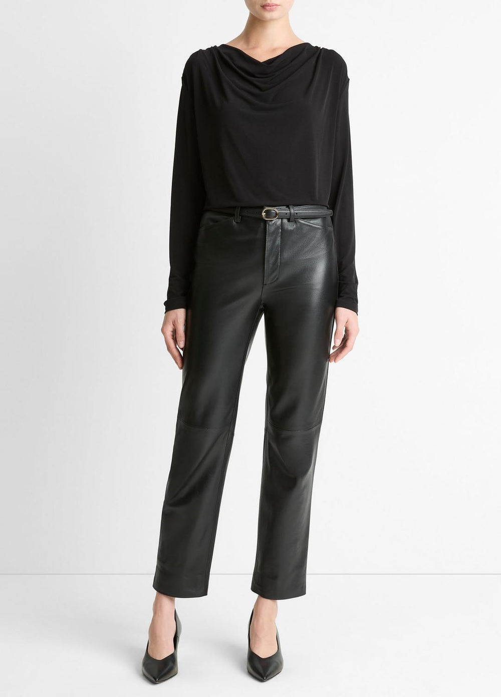 VINCE | Matte Jersey Cowl-Neck Top in Long Sleeve - BLACK