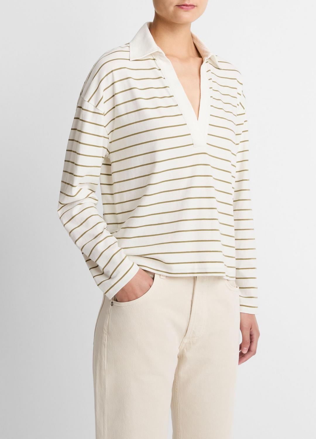 VINCE | Striped Cotton Long-Sleeve Polo Shirt in Long Sleeve - OLIVE STONE COMBO