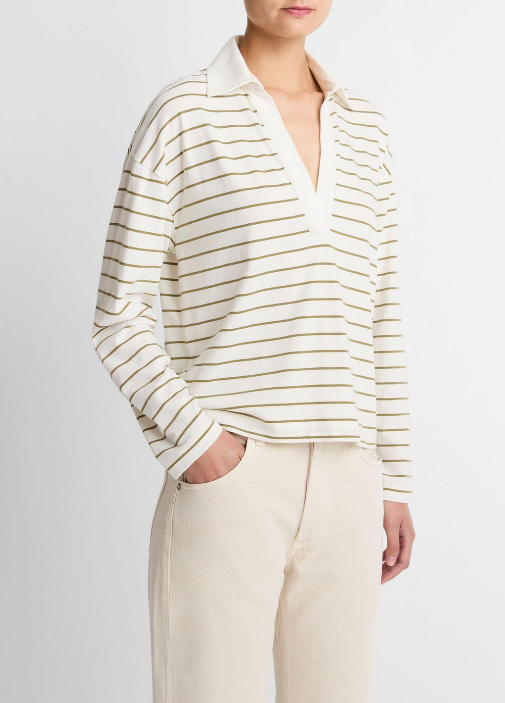 VINCE | Striped Cotton Long-Sleeve Polo Shirt in Long Sleeve - OLIVE STONE COMBO