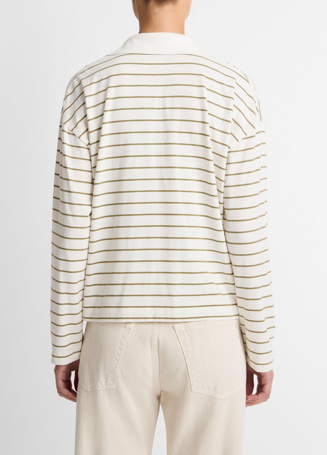 VINCE | Striped Cotton Long-Sleeve Polo Shirt in Long Sleeve - OLIVE STONE COMBO