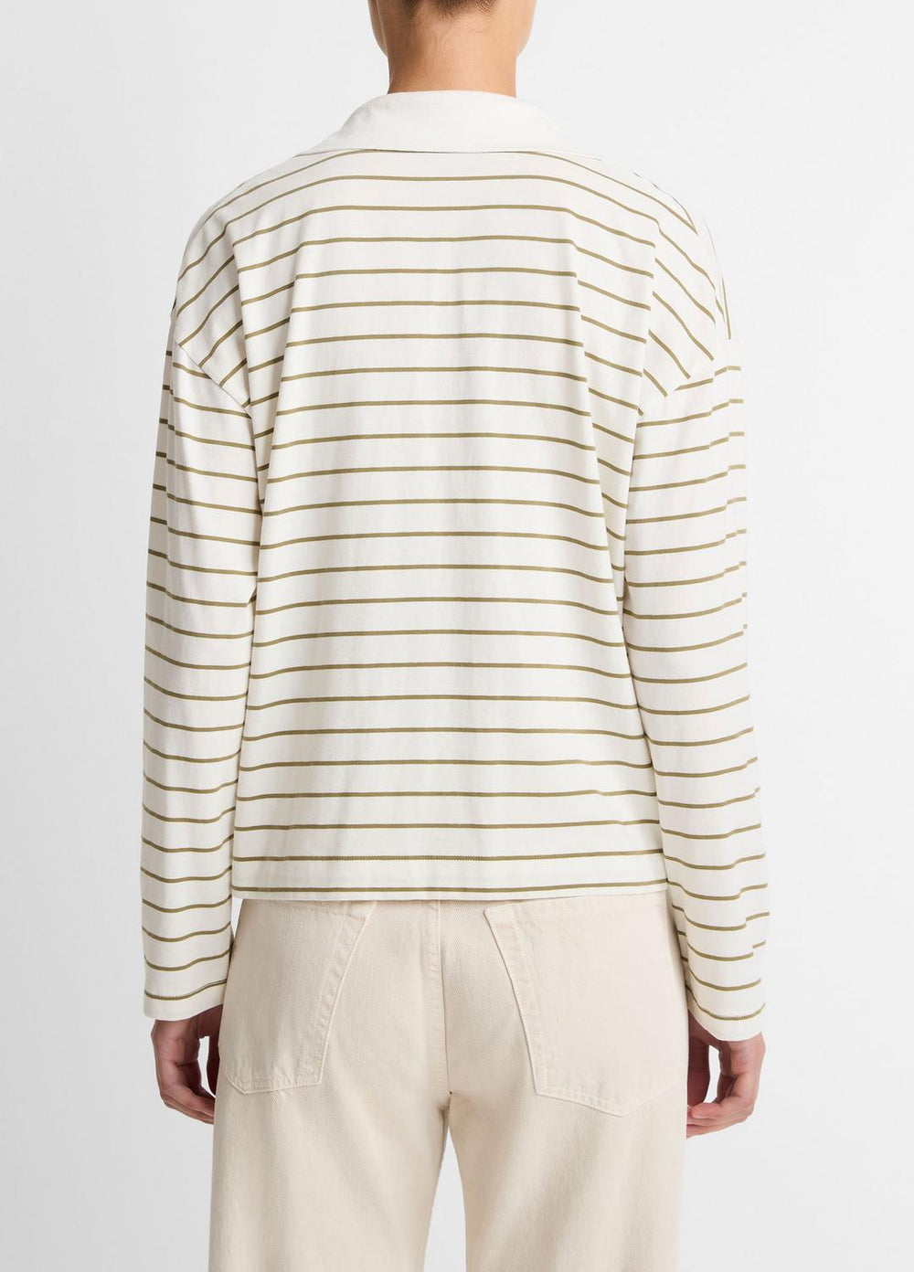 VINCE | Striped Cotton Long-Sleeve Polo Shirt in Long Sleeve - OLIVE STONE COMBO