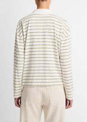 VINCE | Striped Cotton Long-Sleeve Polo Shirt in Long Sleeve - OLIVE STONE COMBO