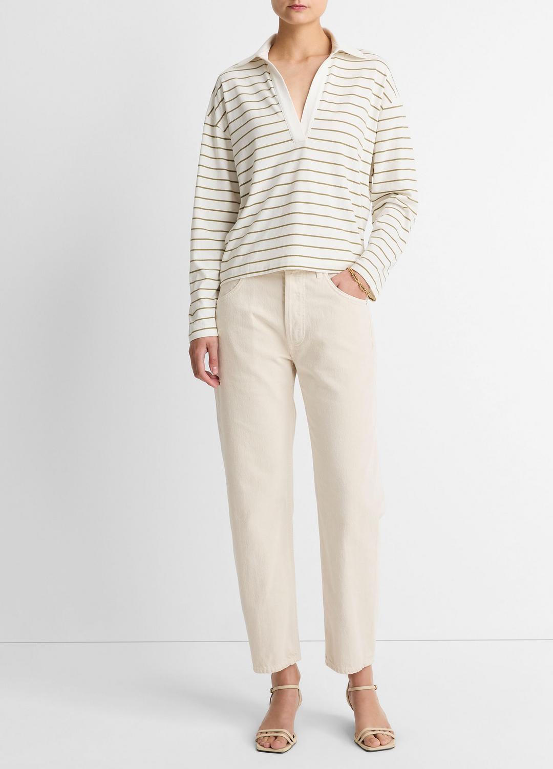 VINCE | Striped Cotton Long-Sleeve Polo Shirt in Long Sleeve - OLIVE STONE COMBO