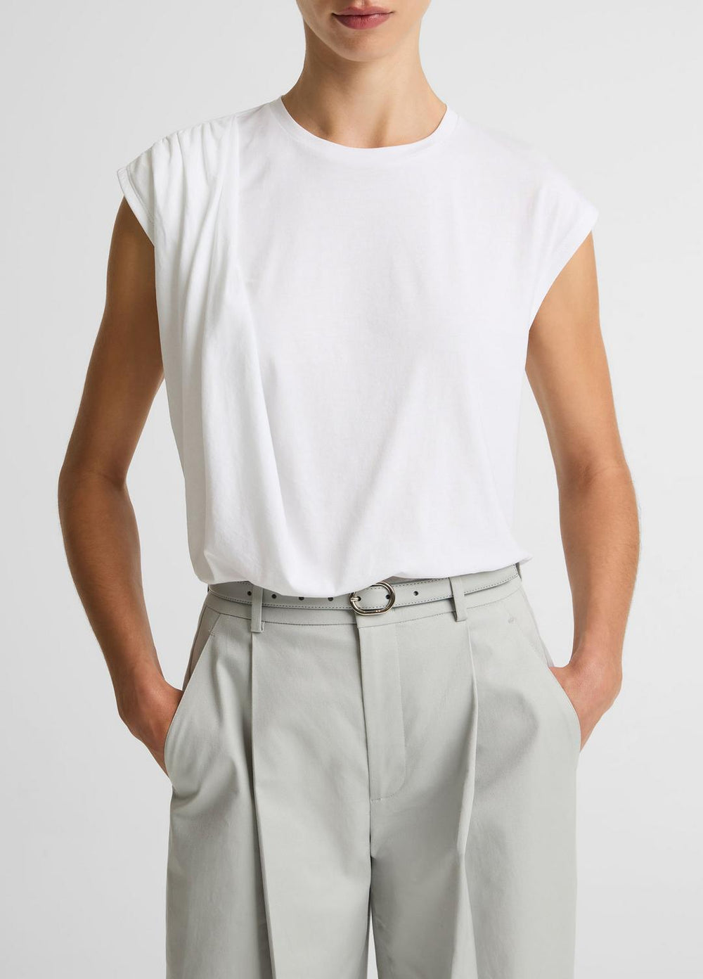 VINCE | Pima Cotton-Blend Draped Relaxed Top in Tank Tops - OPTIC WHITE