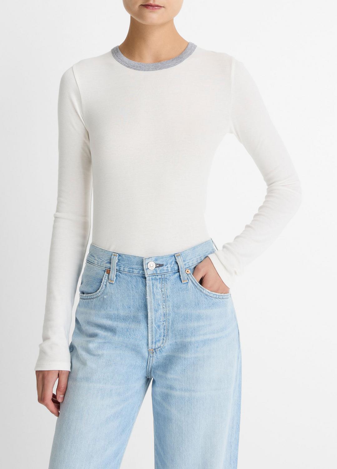 VINCE | Tipped Heathered Pima Cotton-Blend Long-Sleeve T-Shirt in Long Sleeve - OFF WHITE COMBO