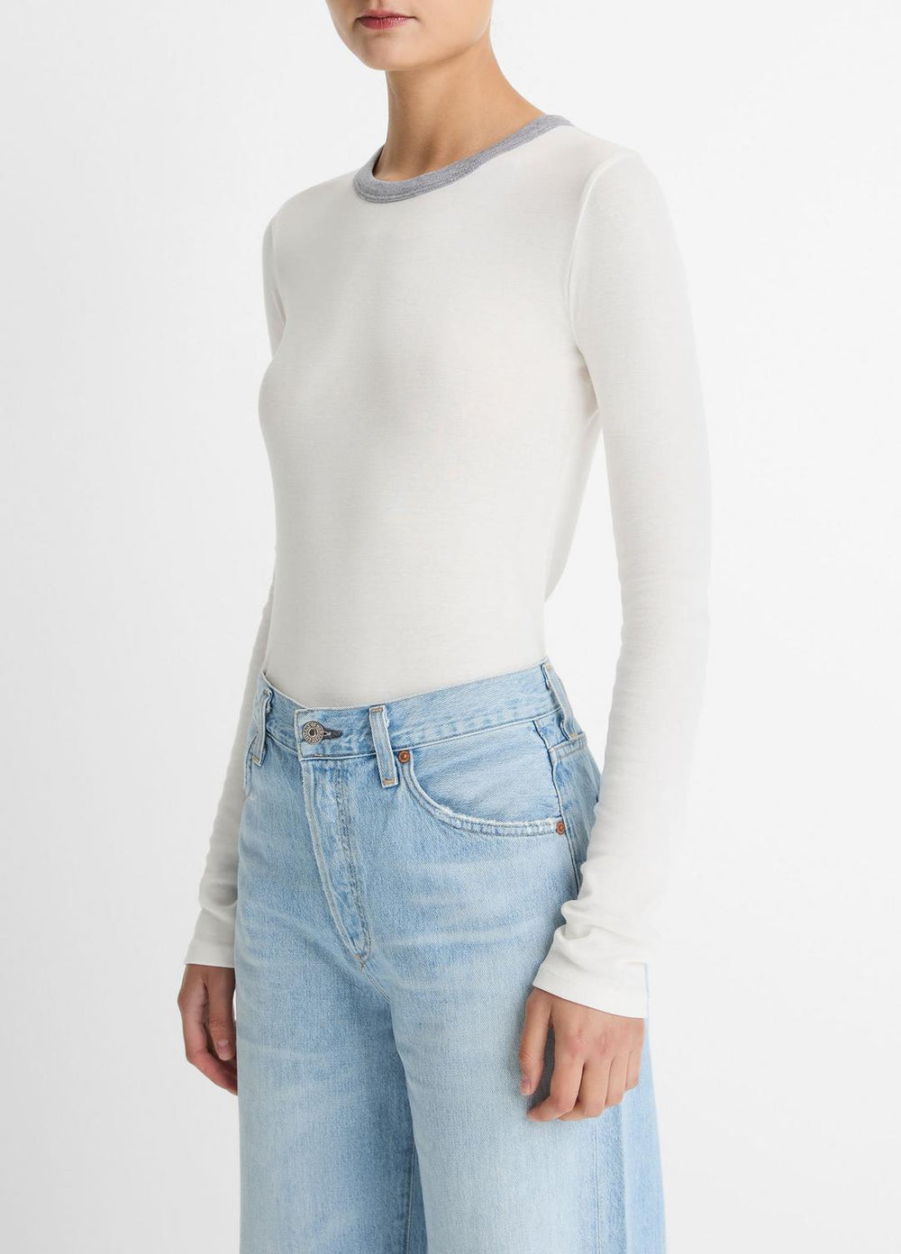 VINCE | Tipped Heathered Pima Cotton-Blend Long-Sleeve T-Shirt in Long Sleeve - OFF WHITE COMBO