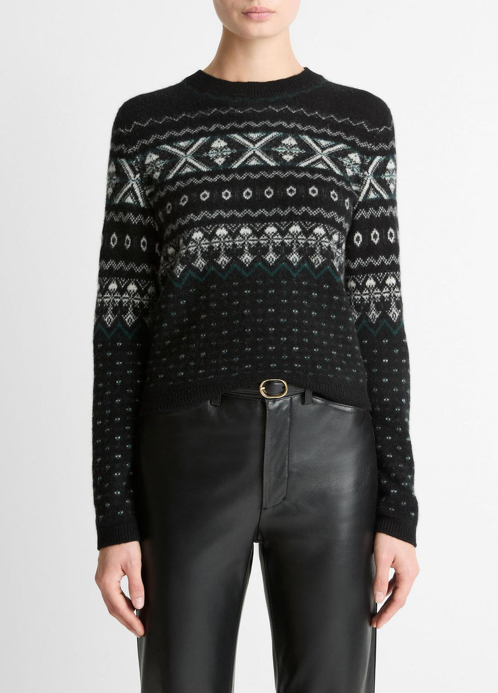 VINCE | Fair Isle Plush Cashmere Sweater in Crew Neck - BLACK/WHITE COMBO