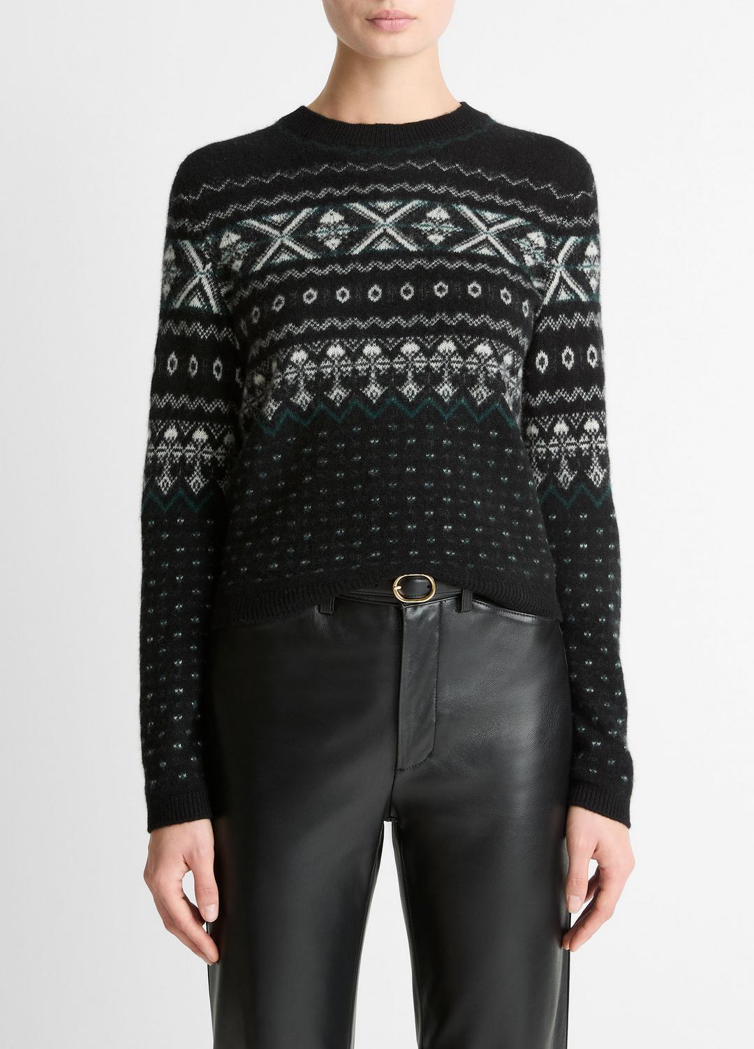 VINCE | Fair Isle Plush Cashmere Sweater in Crew Neck - BLACK/WHITE COMBO