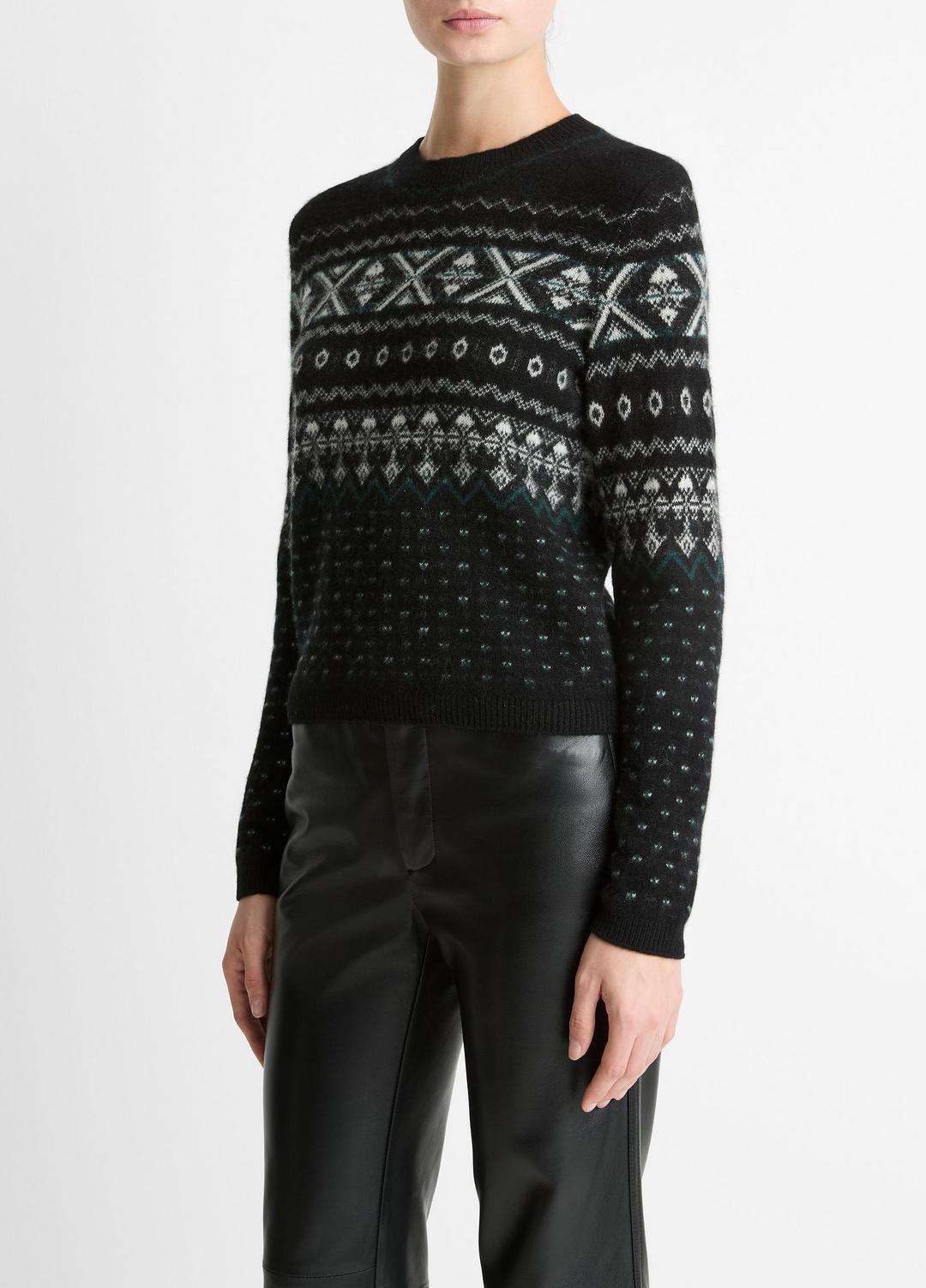 VINCE | Fair Isle Plush Cashmere Sweater in Crew Neck - BLACK/WHITE COMBO
