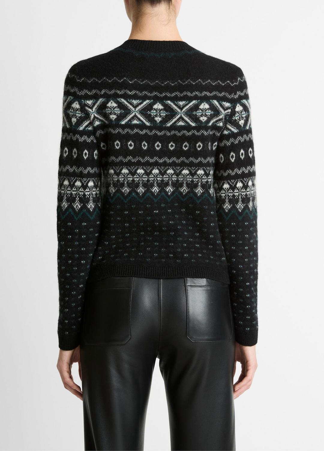 VINCE | Fair Isle Plush Cashmere Sweater in Crew Neck - BLACK/WHITE COMBO