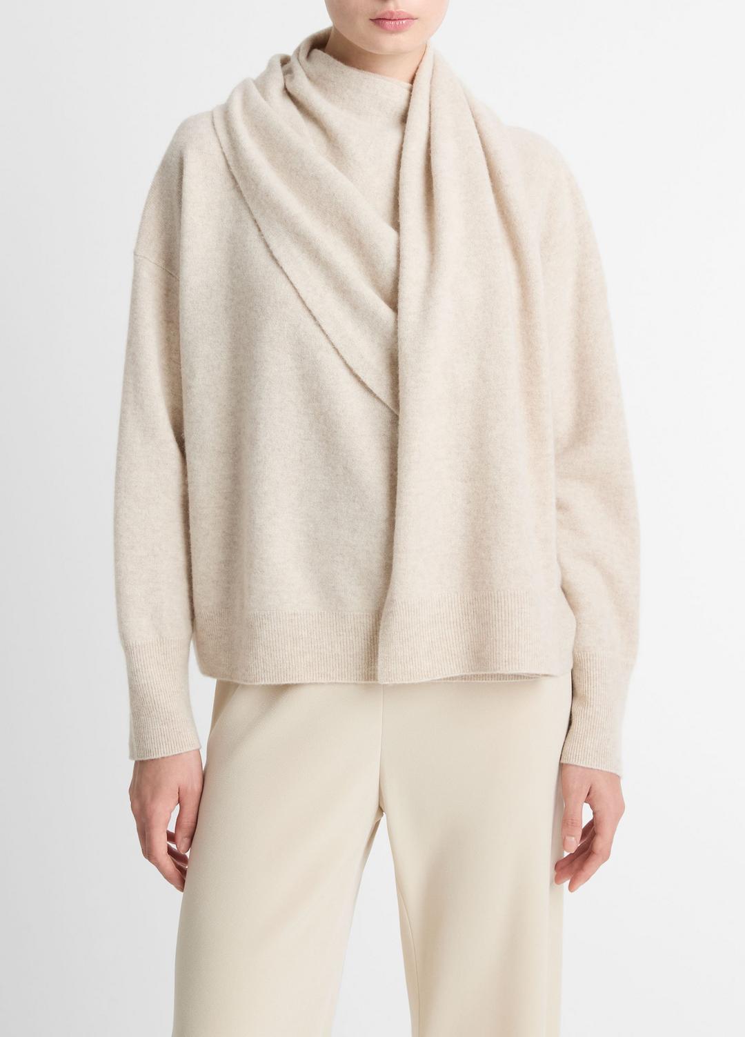 VINCE | Draped-Shawl Wool-Cashmere Sweater in Turtleneck - HEATHER DOVE OAT
