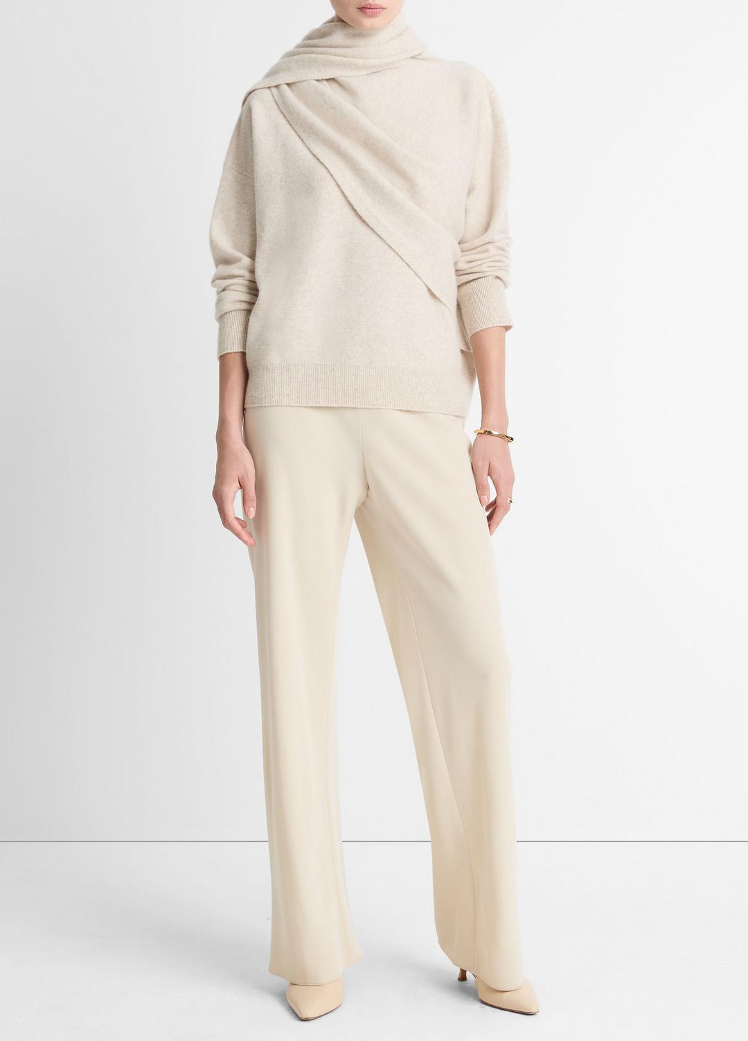 VINCE | Draped-Shawl Wool-Cashmere Sweater in Turtleneck - HEATHER DOVE OAT