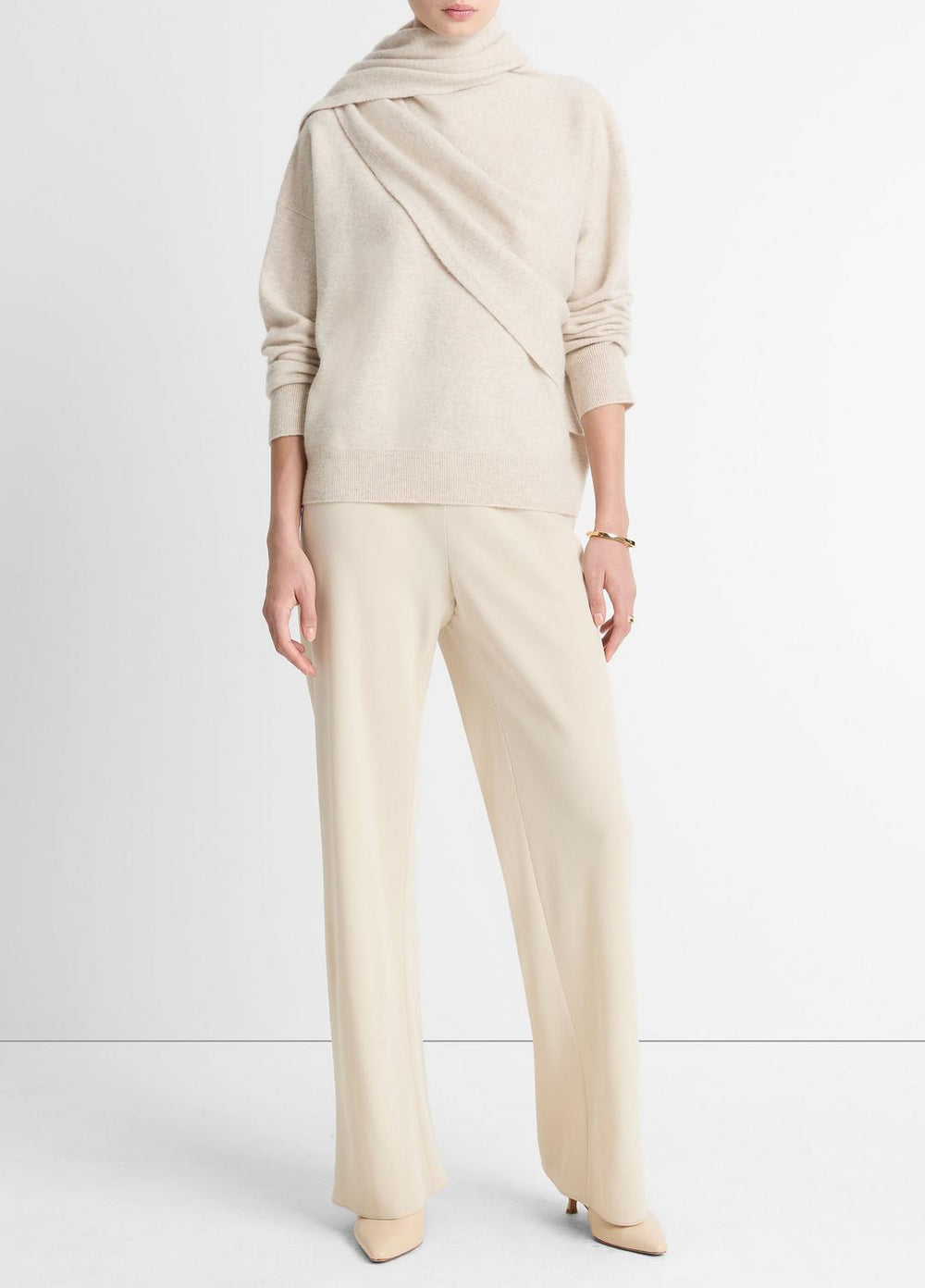 VINCE | Draped-Shawl Wool-Cashmere Sweater in Turtleneck - HEATHER DOVE OAT
