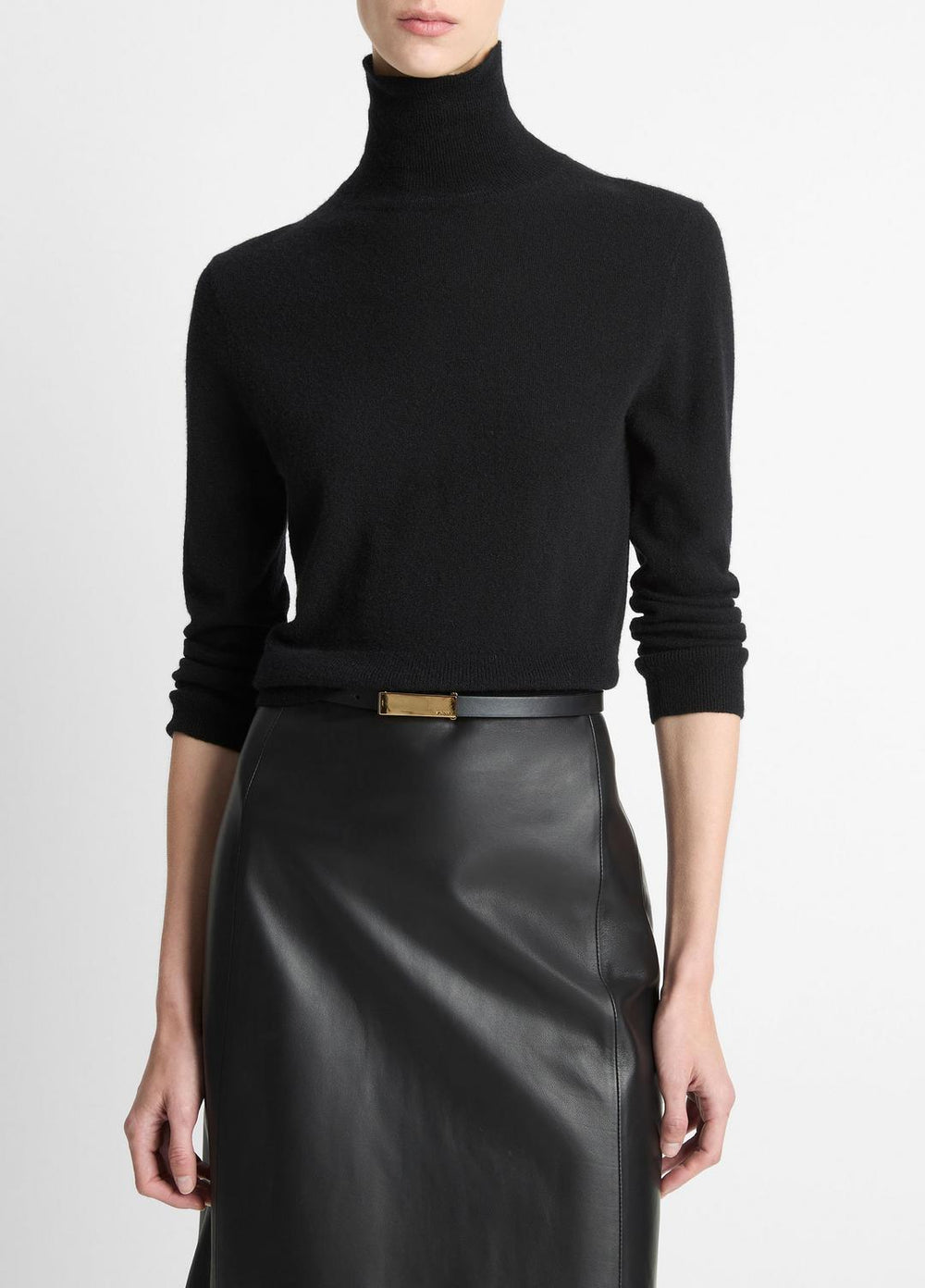 VINCE | Cashmere-Silk Three-Quarter-Sleeve Mock-Neck Sweater in Turtleneck - BLACK