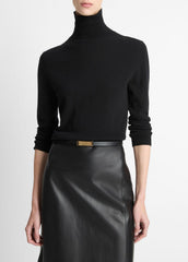 VINCE | Cashmere-Silk Three-Quarter-Sleeve Mock-Neck Sweater in Turtleneck - BLACK