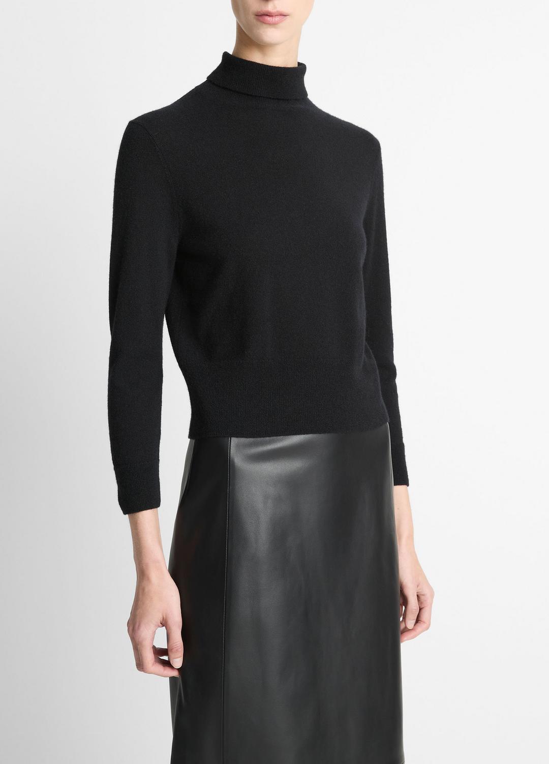 VINCE | Cashmere-Silk Three-Quarter-Sleeve Mock-Neck Sweater in Turtleneck - BLACK