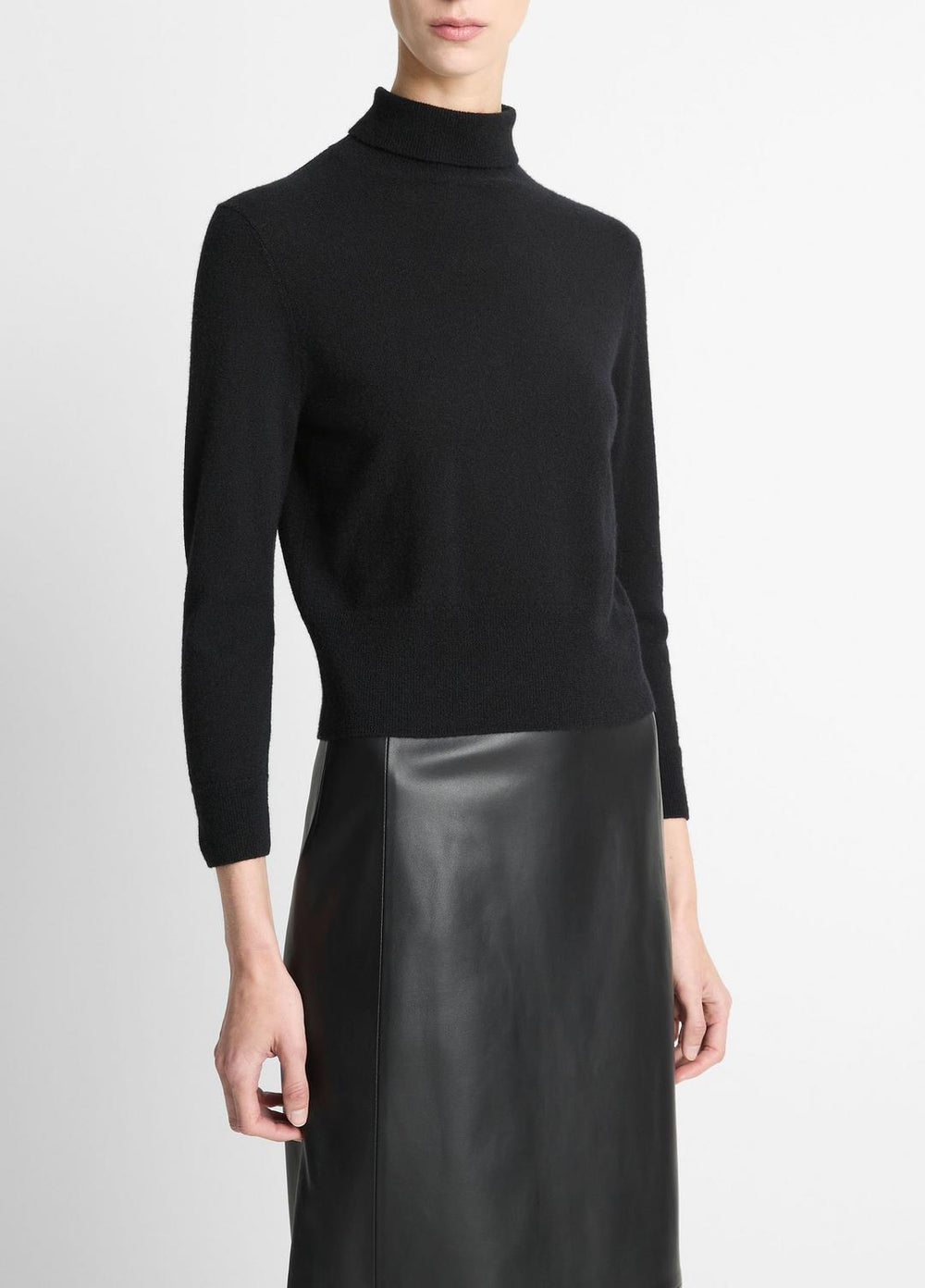 VINCE | Cashmere-Silk Three-Quarter-Sleeve Mock-Neck Sweater in Turtleneck - BLACK
