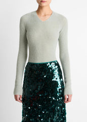 VINCE | Metallic Ribbed High V-Neck Sweater in V-Neck - LIGHT ALOE STONE METALLIC