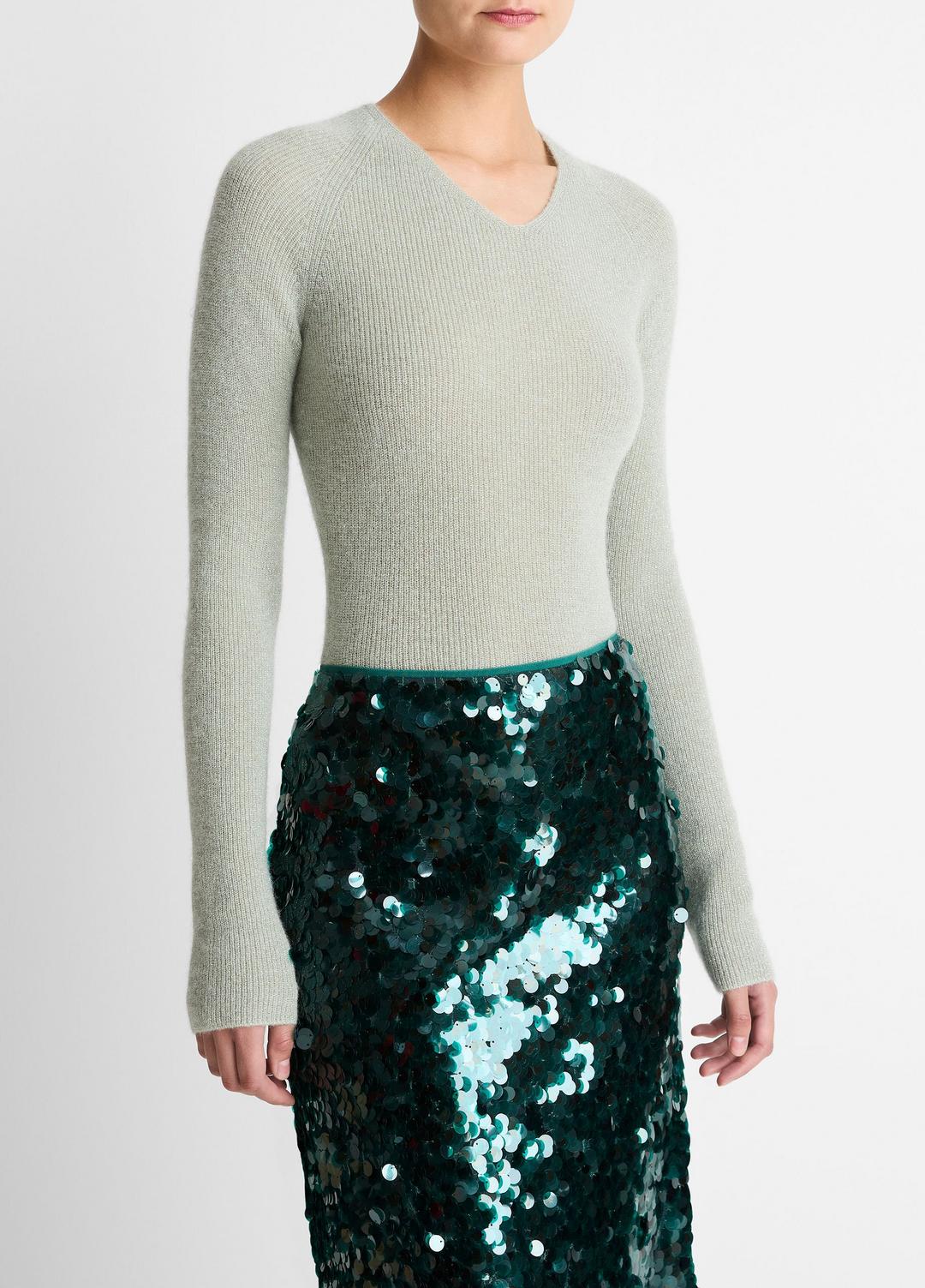 VINCE | Metallic Ribbed High V-Neck Sweater in V-Neck - LIGHT ALOE STONE METALLIC
