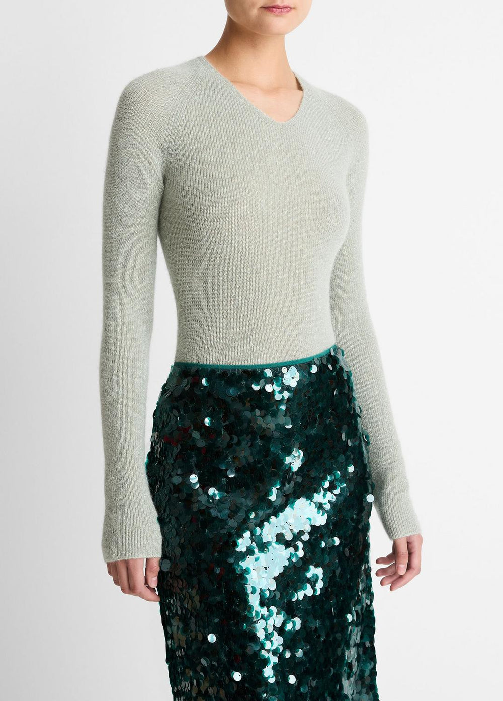 VINCE | Metallic Ribbed High V-Neck Sweater in V-Neck - LIGHT ALOE STONE METALLIC