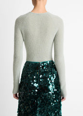 VINCE | Metallic Ribbed High V-Neck Sweater in V-Neck - LIGHT ALOE STONE METALLIC