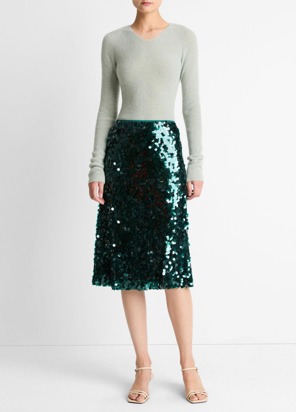 VINCE | Metallic Ribbed High V-Neck Sweater in V-Neck - LIGHT ALOE STONE METALLIC