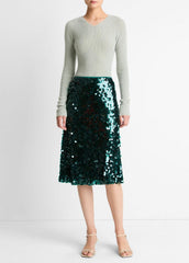 VINCE | Metallic Ribbed High V-Neck Sweater in V-Neck - LIGHT ALOE STONE METALLIC