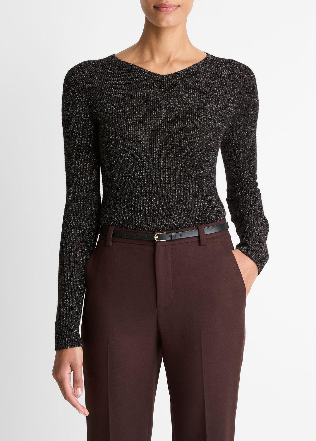 VINCE | Metallic Ribbed High V-Neck Sweater in V-Neck - BLACK METALLIC