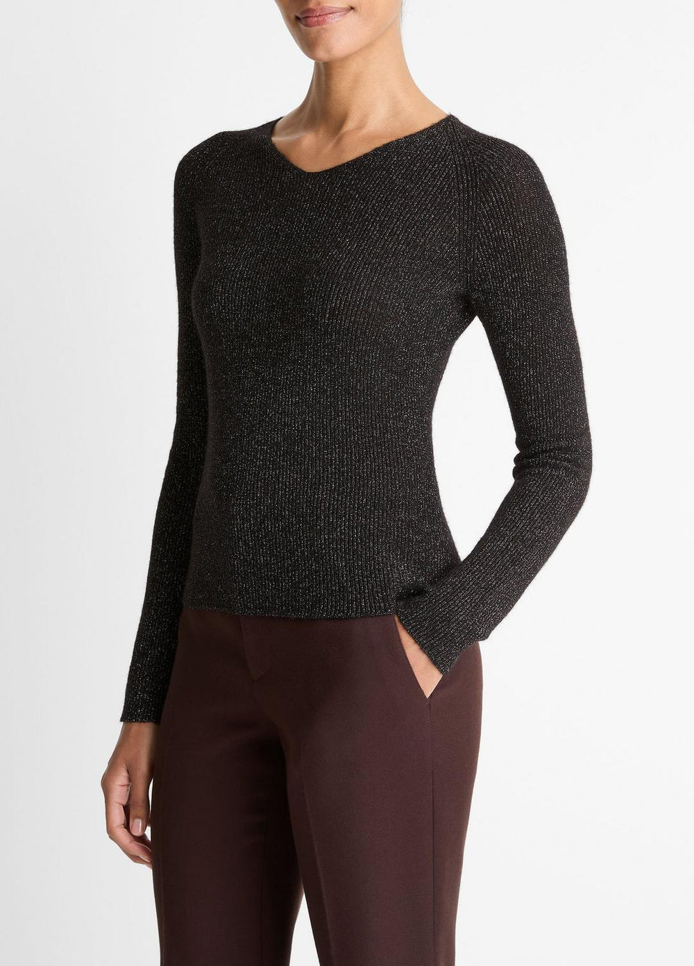 VINCE | Metallic Ribbed High V-Neck Sweater in V-Neck - BLACK METALLIC