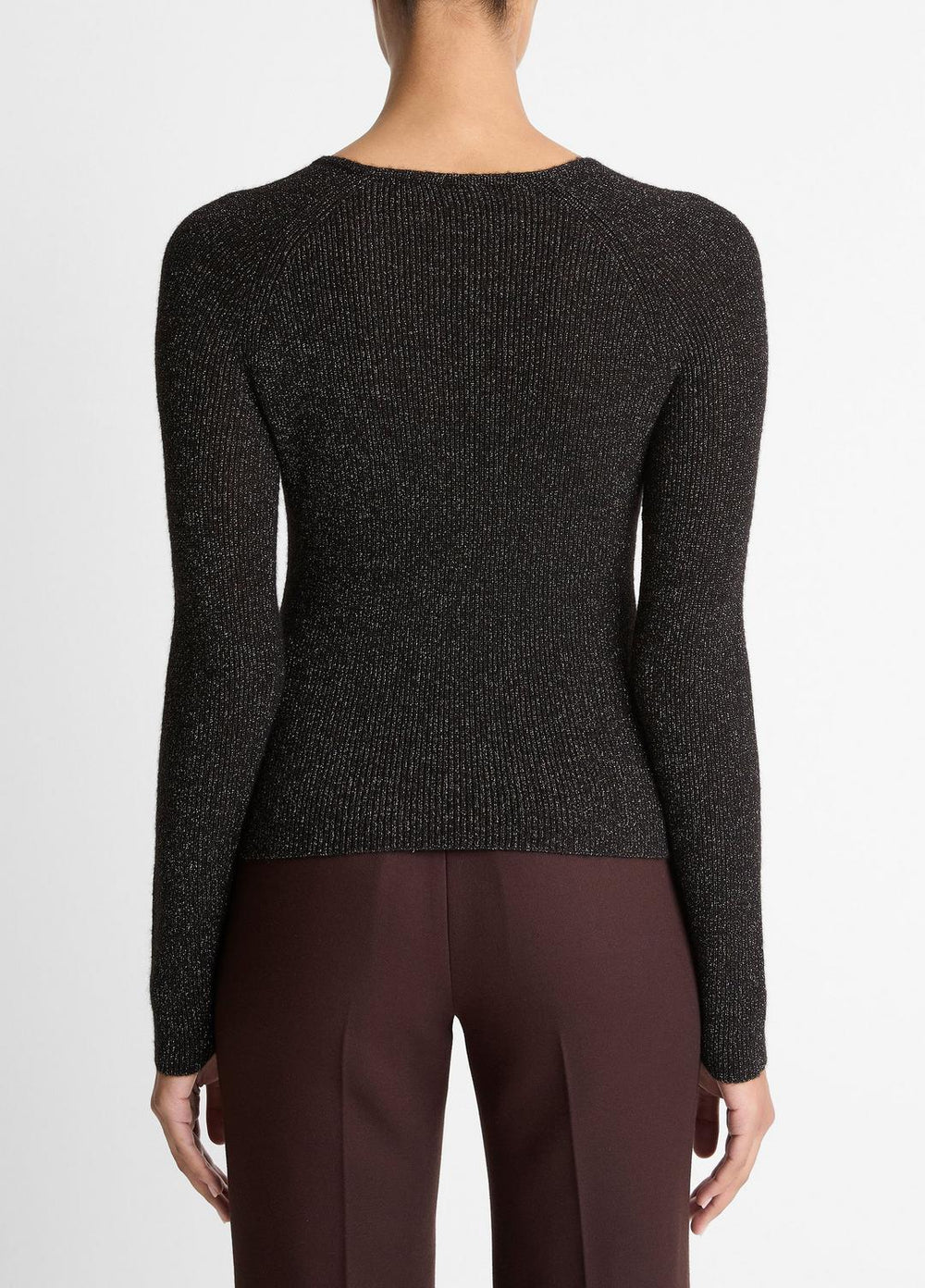 VINCE | Metallic Ribbed High V-Neck Sweater in V-Neck - BLACK METALLIC