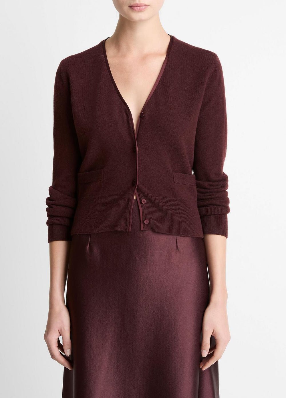 VINCE | Satin-Trim Wool & Cashmere-Blend Cardigan in Cardigans - OXBLOOD
