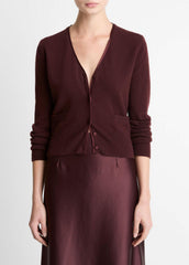 VINCE | Satin-Trim Wool & Cashmere-Blend Cardigan in Cardigans - OXBLOOD