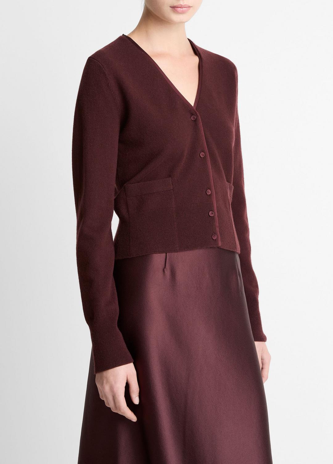 VINCE | Satin-Trim Wool & Cashmere-Blend Cardigan in Cardigans - OXBLOOD