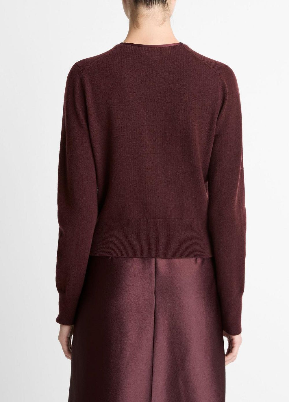 VINCE | Satin-Trim Wool & Cashmere-Blend Cardigan in Cardigans - OXBLOOD