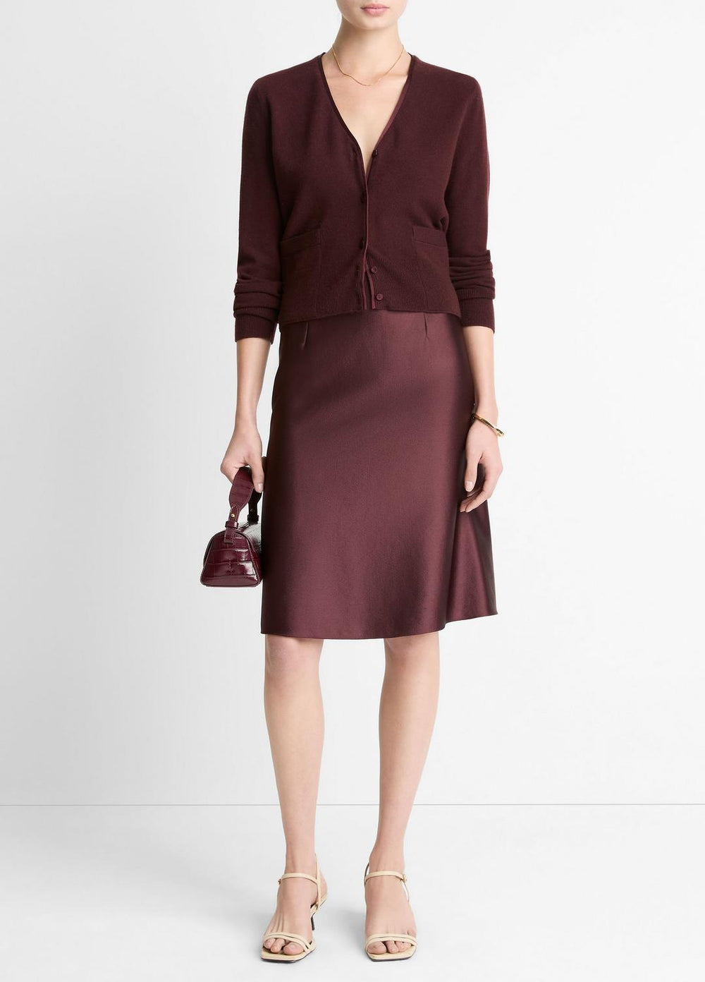 VINCE | Satin-Trim Wool & Cashmere-Blend Cardigan in Cardigans - OXBLOOD