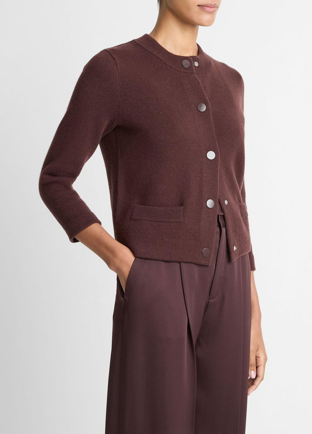 VINCE | Wool-Blend Shrunken Snap Cardigan in Cardigans - FIG