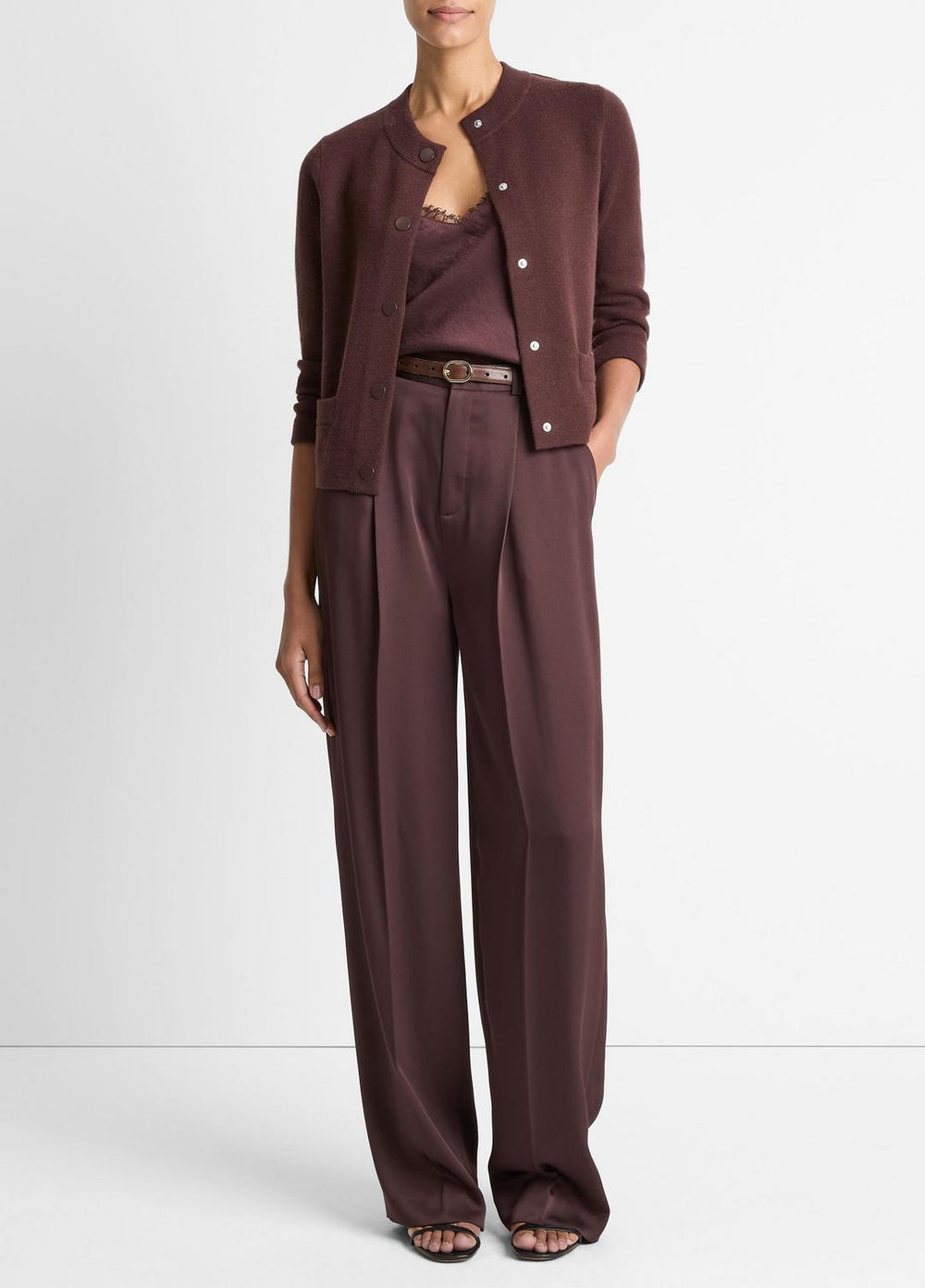 VINCE | Wool-Blend Shrunken Snap Cardigan in Cardigans - FIG
